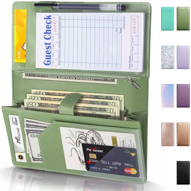 Main image of Server Book High Volume, Expandable Server Book,5"×9", Waitress Waiter Book Sturdy Leather Waitress Book with 2 Zipper Pockets and Magnetic Pocket, Server Books Server (Grass Green)