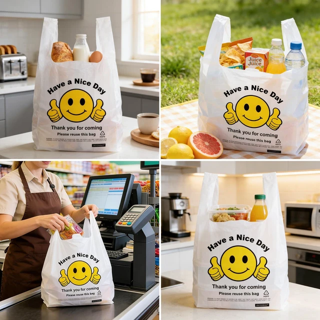 Alt view image 6 of 7 - Thank You Plastic Bags with Handles 11.5 x 6.5 x 21, 0.55 Mil HDPE T-Shirt Grocery Bags, Smiley Thumbs Up Design, Semi-Transparent White, 300 Count, Plastic Shopping Bags for Small Business