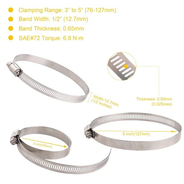 Alt view image 3 of 7 - Stainless Steel 4 Inch Hose Clamps- 8PK SAE 72 Worm Gear Drive Hose Clamps 3 Inch-5 Inch (76-127mm) for Automotive Plumbing, 3 1/2, 3.5'', 3 3/4, 4'', 4 1/2, 4.5'', 4 3/4''