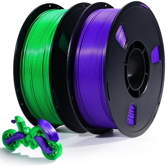 Main image of PLA Filament 1.75mm 2x1KG Green+Purple 3D Filament for Printers Smooth Printing No Clog, Vacuum Sealed with Desiccant, Compatible with Bambu Flashforge, Easy to use for DIY and Beginners