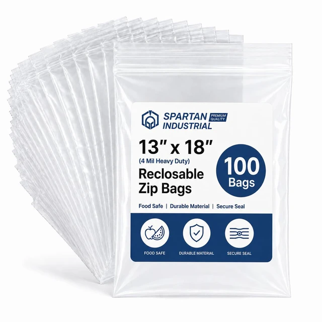 Main image of 13 X 18 (100 Count) 4 Mil Thick Clear Reclosable Zip Plastic Poly Bags with Resealable Lock Seal Zipper - Heavy Duty and Durable