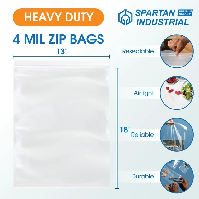 Alt view image 2 of 7 - 13 X 18 (100 Count) 4 Mil Thick Clear Reclosable Zip Plastic Poly Bags with Resealable Lock Seal Zipper - Heavy Duty and Durable
