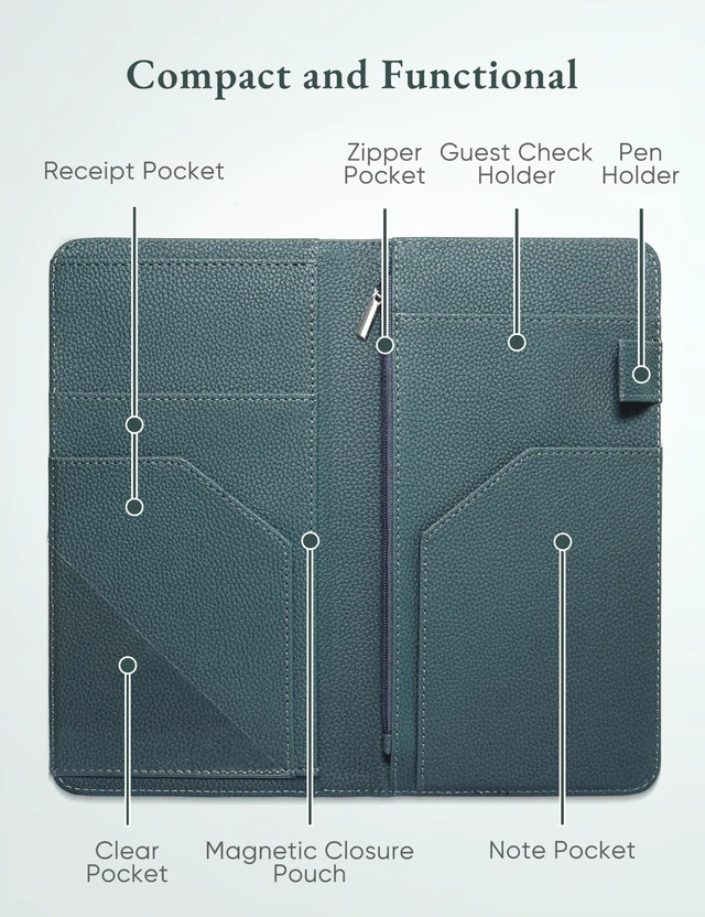 Alt view image 6 of 7 - Green Server Book with Zipper Pocket and Magnetic Closure Server Booklet Waitress Book Serving Book with Money Pocket Waitstaff Organizer Fit Server Apron Waiter Book Wallet High Volume Pocket