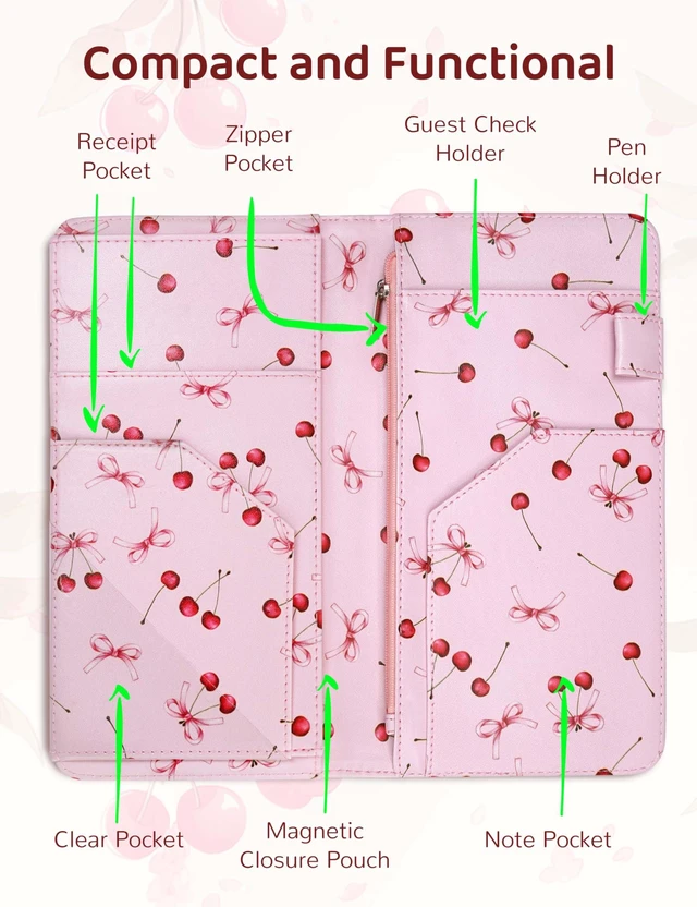 Alt view image 2 of 6 - Server Book with Zipper Pocket and Magnetic Closure Server Booklet Waitress Book Serving Book with Money Pocket Waitstaff Organizer Fit Server Apron Waiter Book Wallet High Volume Pocket Pink Cherry