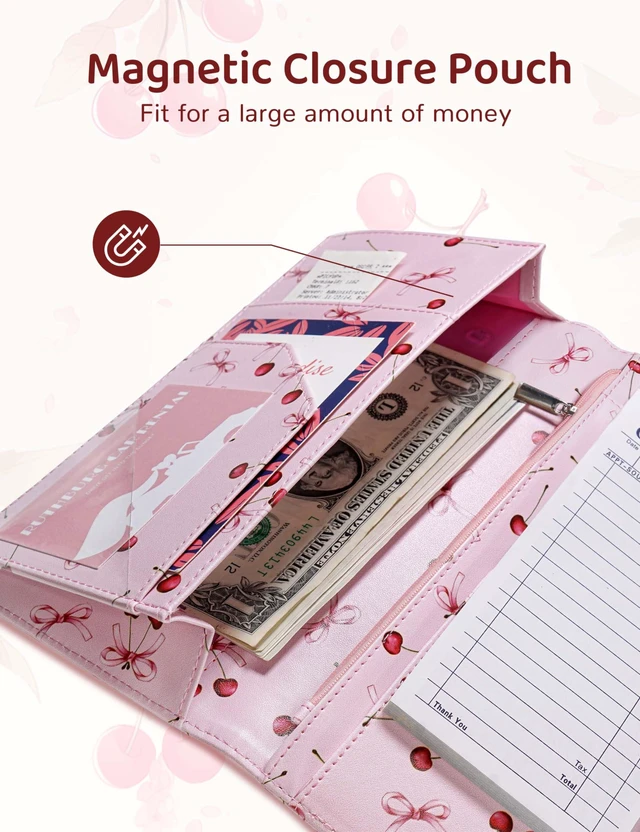 Alt view image 3 of 6 - Server Book with Zipper Pocket and Magnetic Closure Server Booklet Waitress Book Serving Book with Money Pocket Waitstaff Organizer Fit Server Apron Waiter Book Wallet High Volume Pocket Pink Cherry