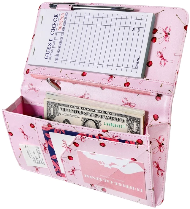 Main image of Server Book with Zipper Pocket and Magnetic Closure Server Booklet Waitress Book Serving Book with Money Pocket Waitstaff Organizer Fit Server Apron Waiter Book Wallet High Volume Pocket Pink Cherry