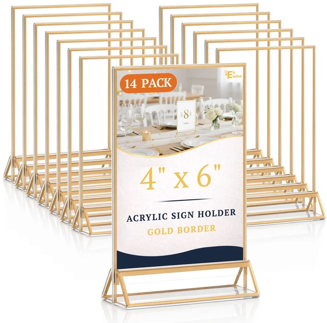 Main image of 14 Pack 4×6 Clear Acrylic Sign Holder with Gold Borders and Vertical Stand, Double Sided Table Menu Holders Picture Frames for Wedding Table Numbers, Restaurant Signs, Photos and Art Display