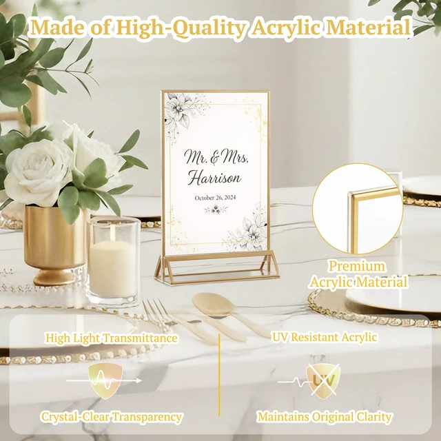 Alt view image 3 of 7 - 14 Pack 4×6 Clear Acrylic Sign Holder with Gold Borders and Vertical Stand, Double Sided Table Menu Holders Picture Frames for Wedding Table Numbers, Restaurant Signs, Photos and Art Display