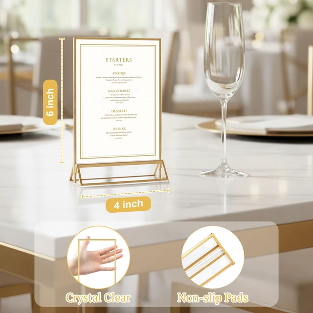 Alt view image 5 of 7 - 14 Pack 4×6 Clear Acrylic Sign Holder with Gold Borders and Vertical Stand, Double Sided Table Menu Holders Picture Frames for Wedding Table Numbers, Restaurant Signs, Photos and Art Display