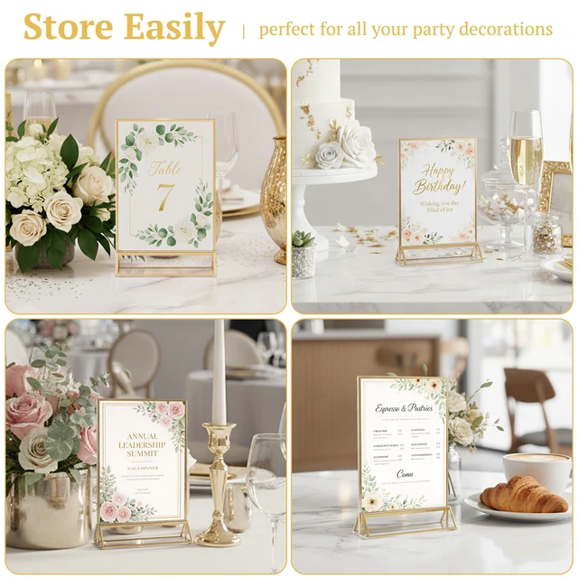 Alt view image 6 of 7 - 14 Pack 4×6 Clear Acrylic Sign Holder with Gold Borders and Vertical Stand, Double Sided Table Menu Holders Picture Frames for Wedding Table Numbers, Restaurant Signs, Photos and Art Display