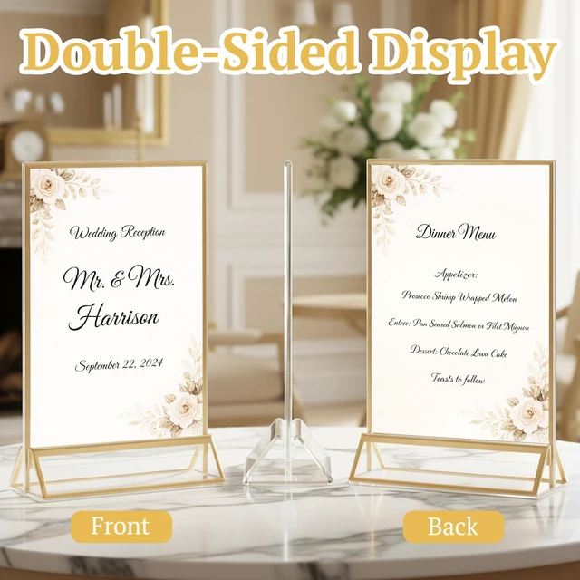 Alt view image 4 of 7 - 14 Pack 4×6 Clear Acrylic Sign Holder with Gold Borders and Vertical Stand, Double Sided Table Menu Holders Picture Frames for Wedding Table Numbers, Restaurant Signs, Photos and Art Display