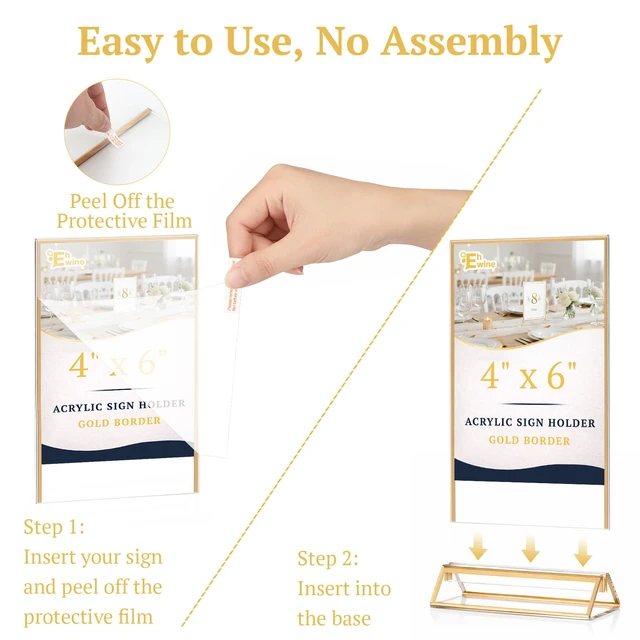 Alt view image 7 of 7 - 14 Pack 4×6 Clear Acrylic Sign Holder with Gold Borders and Vertical Stand, Double Sided Table Menu Holders Picture Frames for Wedding Table Numbers, Restaurant Signs, Photos and Art Display