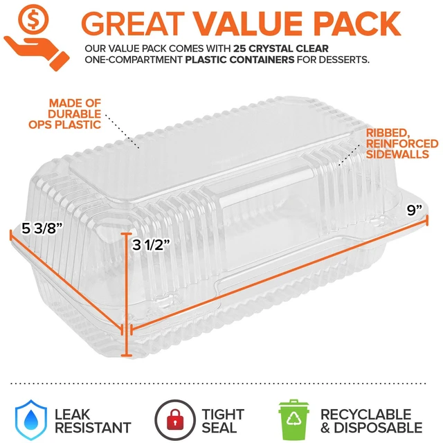 Alt view image 2 of 6 - Plastic 9 x 5 Inch Clamshell Takeout Trays (25 Count) Hinged Disposable Food Containers for Cake Slices, Sandwiches, and Desserts