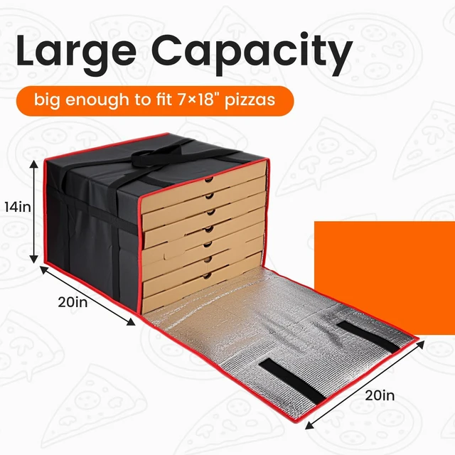 Alt view image 2 of 7 - Pizza Bags for Delivery, Insulated Pizza Warmer Bag, 20" x 20" x 14" Insulated Delivery Bag for Commercial Use, Pizza Carrier for Food Delivery & Catering, Food Delivery Accessories, Black/Red