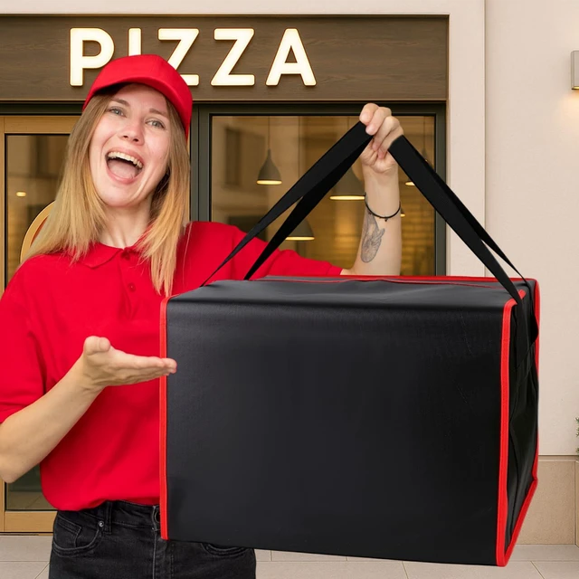 Alt view image 4 of 7 - Pizza Bags for Delivery, Insulated Pizza Warmer Bag, 20" x 20" x 14" Insulated Delivery Bag for Commercial Use, Pizza Carrier for Food Delivery & Catering, Food Delivery Accessories, Black/Red