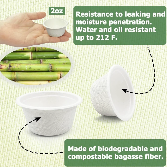 Alt view image 3 of 6 - 2 oz Disposable Bagasse Fiber Souffle Cups 200pk, 100% Natural Biodegradable Compostable Condiment Cups Sample Cup Tasting Cup (White, Pack of 200)