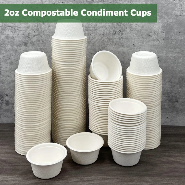 Alt view image 6 of 6 - 2 oz Disposable Bagasse Fiber Souffle Cups 200pk, 100% Natural Biodegradable Compostable Condiment Cups Sample Cup Tasting Cup (White, Pack of 200)