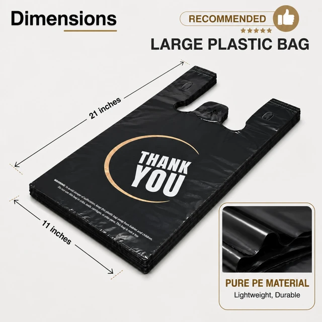 Alt view image 2 of 7 - 1000 Count Black Thank You T-Shirt Bags, 11 x 6 x 21 in Durable HDPE with handles, black Thank You print, carryout sacks for grocery, retail, takeout and small business