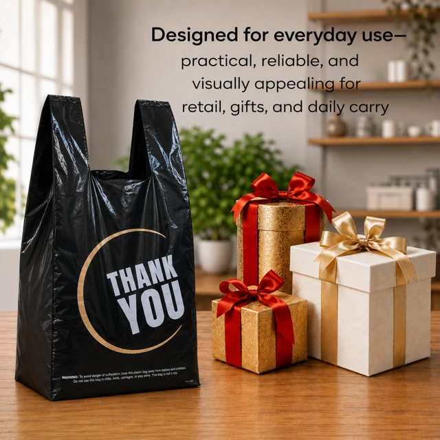 Alt view image 3 of 7 - 1000 Count Black Thank You T-Shirt Bags, 11 x 6 x 21 in Durable HDPE with handles, black Thank You print, carryout sacks for grocery, retail, takeout and small business