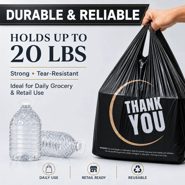 Alt view image 4 of 7 - 1000 Count Black Thank You T-Shirt Bags, 11 x 6 x 21 in Durable HDPE with handles, black Thank You print, carryout sacks for grocery, retail, takeout and small business