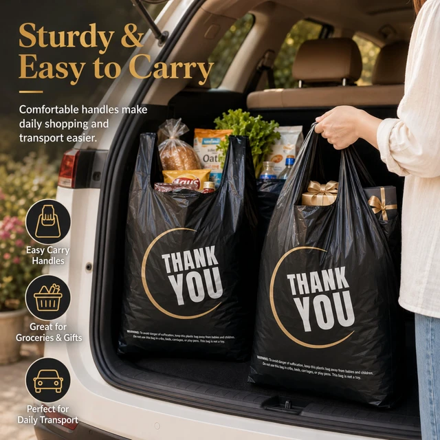 Alt view image 6 of 7 - 1000 Count Black Thank You T-Shirt Bags, 11 x 6 x 21 in Durable HDPE with handles, black Thank You print, carryout sacks for grocery, retail, takeout and small business