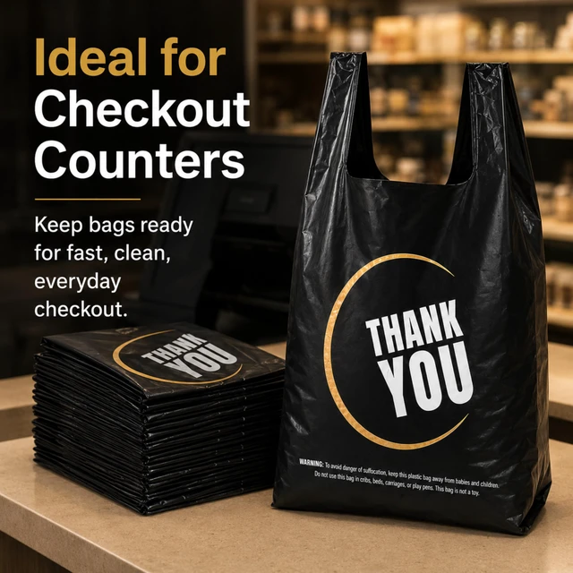 Alt view image 5 of 7 - 1000 Count Black Thank You T-Shirt Bags, 11 x 6 x 21 in Durable HDPE with handles, black Thank You print, carryout sacks for grocery, retail, takeout and small business