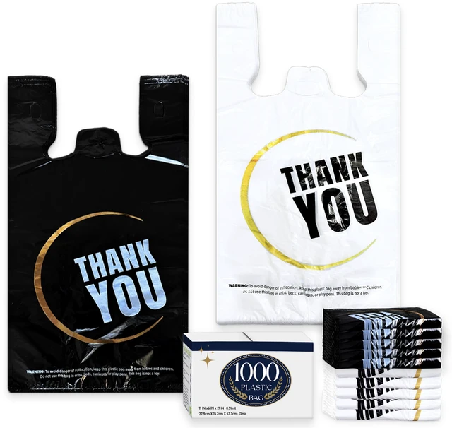 Main image of 1000 Count Thank you bags, T shirt bags, White Plastic Bags (500Count), Black Plastic Bags (500Count) Reusable and Disposable Supermarket Bag 11''x6''x21'' (W/B1000)