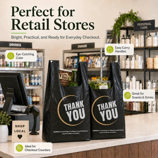 Alt view image 7 of 7 - 1000 Count Black Thank You T-Shirt Bags, 11 x 6 x 21 in Durable HDPE with handles, black Thank You print, carryout sacks for grocery, retail, takeout and small business