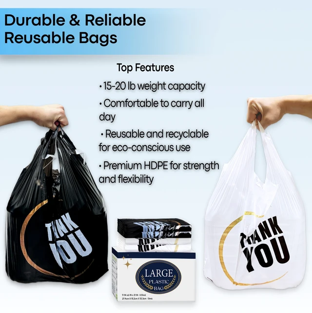 Alt view image 3 of 6 - 1000 Count Thank you bags, T shirt bags, White Plastic Bags (500Count), Black Plastic Bags (500Count) Reusable and Disposable Supermarket Bag 11''x6''x21'' (W/B1000)