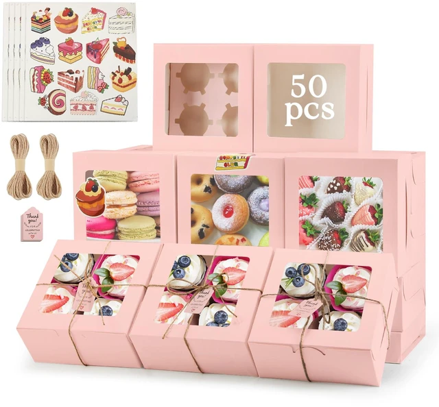 Main image of Cupcake Boxes with Window, 6x6x3 Inches Cookie Boxes,50 Pack,Pink Bakery Treat Boxes for Pastry, Desserts, Chocolate Strawberries, Cupcake Containerss for Gift Giving with Stickers & Twine