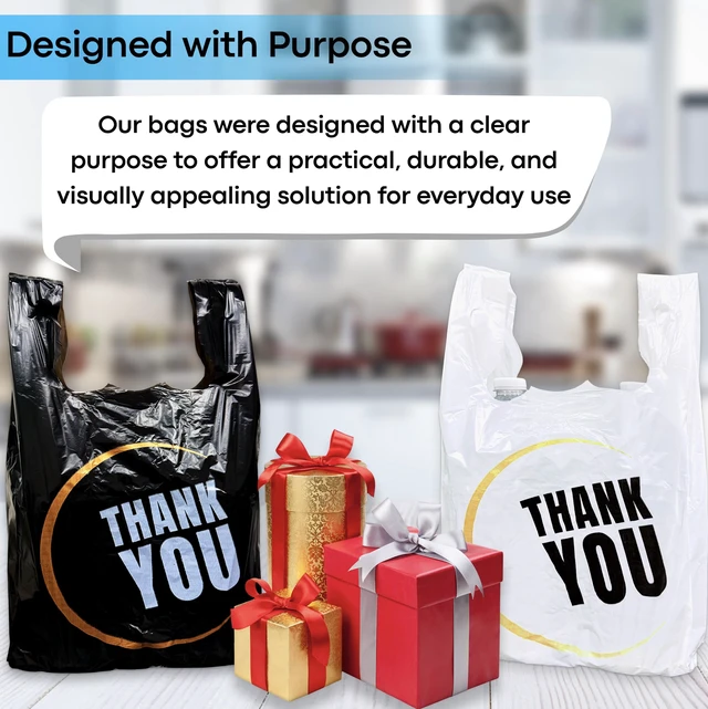 Alt view image 2 of 6 - 1000 Count Thank you bags, T shirt bags, White Plastic Bags (500Count), Black Plastic Bags (500Count) Reusable and Disposable Supermarket Bag 11''x6''x21'' (W/B1000)