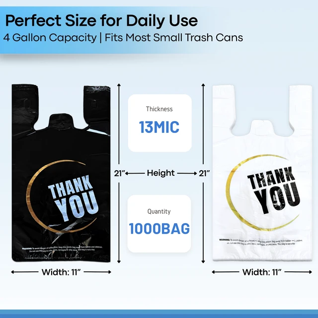 Alt view image 5 of 6 - 1000 Count Thank you bags, T shirt bags, White Plastic Bags (500Count), Black Plastic Bags (500Count) Reusable and Disposable Supermarket Bag 11''x6''x21'' (W/B1000)