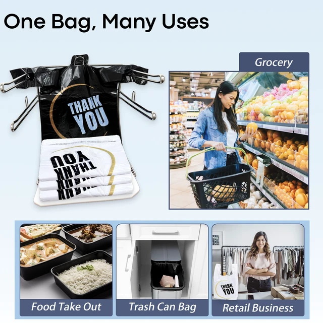 Alt view image 6 of 6 - 1000 Count Thank you bags, T shirt bags, White Plastic Bags (500Count), Black Plastic Bags (500Count) Reusable and Disposable Supermarket Bag 11''x6''x21'' (W/B1000)