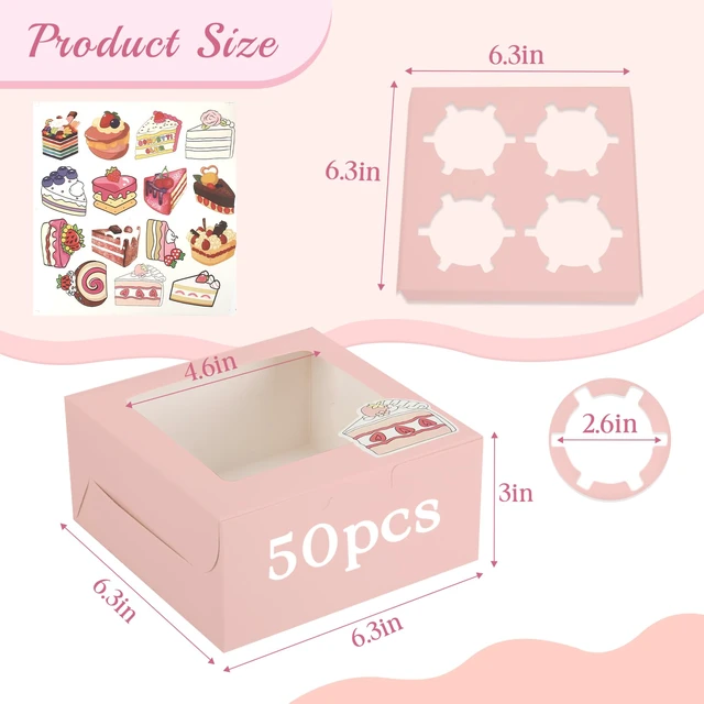 Alt view image 2 of 6 - Cupcake Boxes with Window, 6x6x3 Inches Cookie Boxes,50 Pack,Pink Bakery Treat Boxes for Pastry, Desserts, Chocolate Strawberries, Cupcake Containerss for Gift Giving with Stickers & Twine