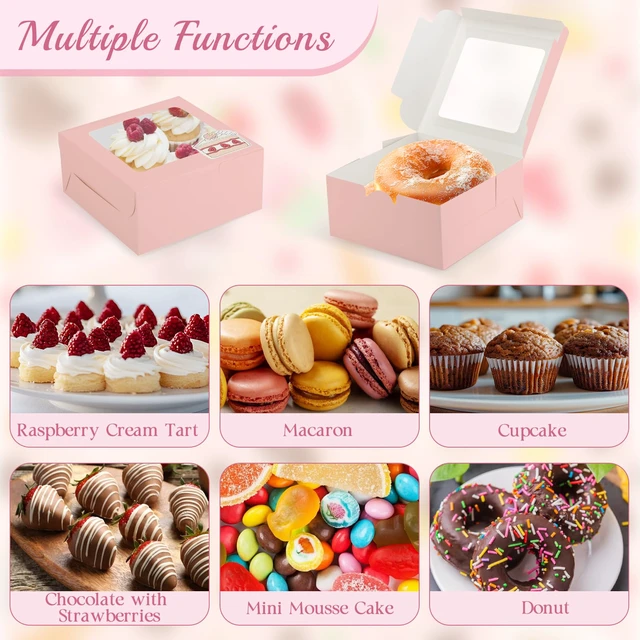 Alt view image 3 of 6 - Cupcake Boxes with Window, 6x6x3 Inches Cookie Boxes,50 Pack,Pink Bakery Treat Boxes for Pastry, Desserts, Chocolate Strawberries, Cupcake Containerss for Gift Giving with Stickers & Twine