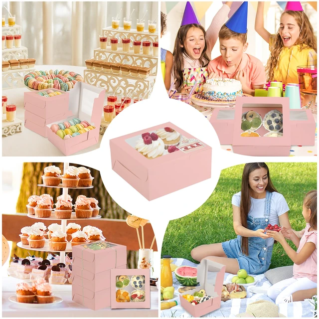 Alt view image 5 of 6 - Cupcake Boxes with Window, 6x6x3 Inches Cookie Boxes,50 Pack,Pink Bakery Treat Boxes for Pastry, Desserts, Chocolate Strawberries, Cupcake Containerss for Gift Giving with Stickers & Twine