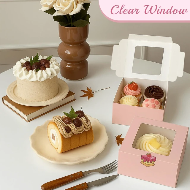 Alt view image 6 of 6 - Cupcake Boxes with Window, 6x6x3 Inches Cookie Boxes,50 Pack,Pink Bakery Treat Boxes for Pastry, Desserts, Chocolate Strawberries, Cupcake Containerss for Gift Giving with Stickers & Twine