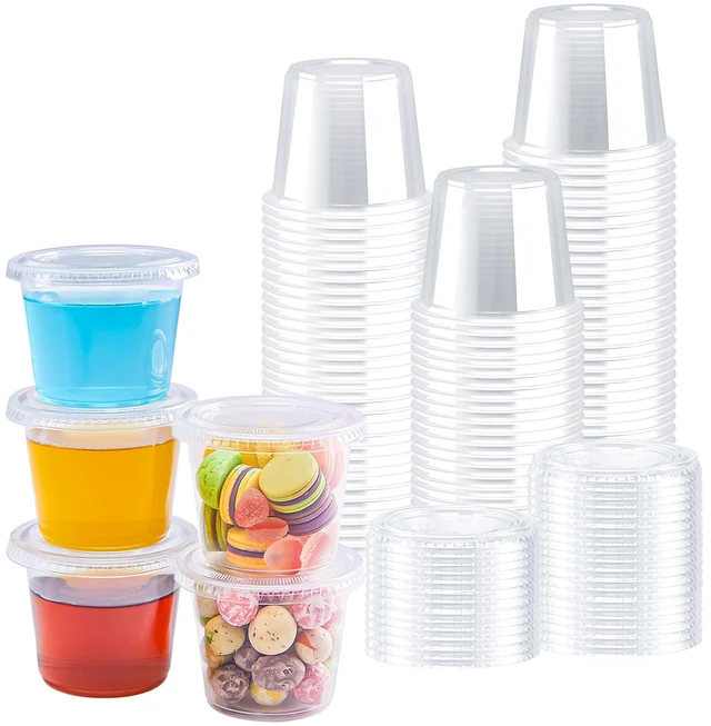 Main image of 360 Sets 4 oz Plastic Jello Shot Cups with Lids, Small Portion Cups Clear Disposable Condiment Cups, Mini Sample Cups, Airtight Sauce Containers for Salad Dressing, Snacks, Souffle, Daily Use