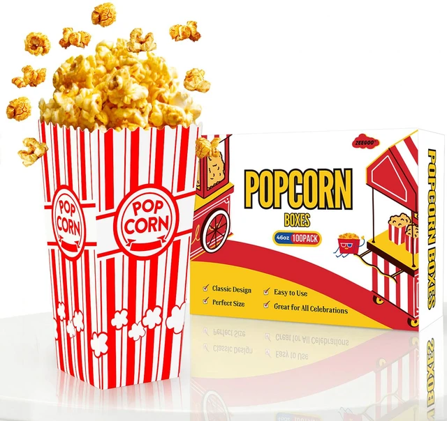 Main image of Popcorn Boxes, 100 Pack, 46oz Large Capacity 250g Grease-Resistant Paper, Sturdy & Durable, Cute, Fast Assembly, Movie Night Supplies, For Family Party, Carnival, Cinema