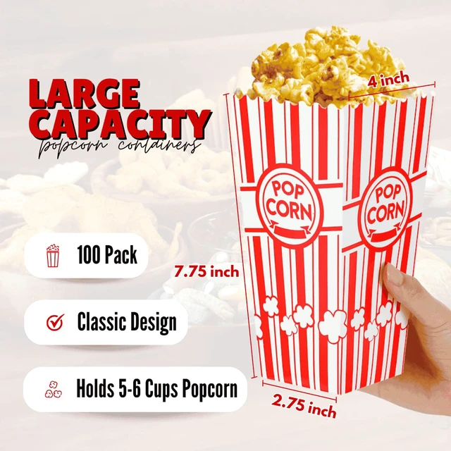 Alt view image 3 of 7 - Popcorn Boxes, 100 Pack, 46oz Large Capacity 250g Grease-Resistant Paper, Sturdy & Durable, Cute, Fast Assembly, Movie Night Supplies, For Family Party, Carnival, Cinema