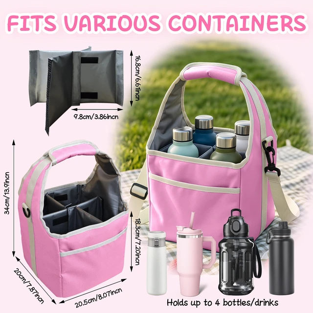Alt view image 3 of 7 - Reusable Drink Carrier Tote Bag with Handle Family Size 4 Compartment Water Bottle Holder with Adjustable Shoulder Strap & Removable Dividers Multiple Tumbler Caddy for Car,Delivery,Family Outings