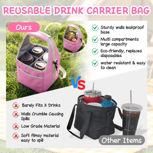 Alt view image 5 of 7 - Reusable Drink Carrier Tote Bag with Handle Family Size 4 Compartment Water Bottle Holder with Adjustable Shoulder Strap & Removable Dividers Multiple Tumbler Caddy for Car,Delivery,Family Outings
