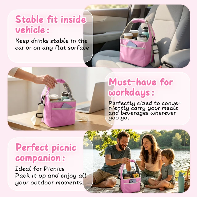 Alt view image 4 of 7 - Reusable Drink Carrier Tote Bag with Handle Family Size 4 Compartment Water Bottle Holder with Adjustable Shoulder Strap & Removable Dividers Multiple Tumbler Caddy for Car,Delivery,Family Outings