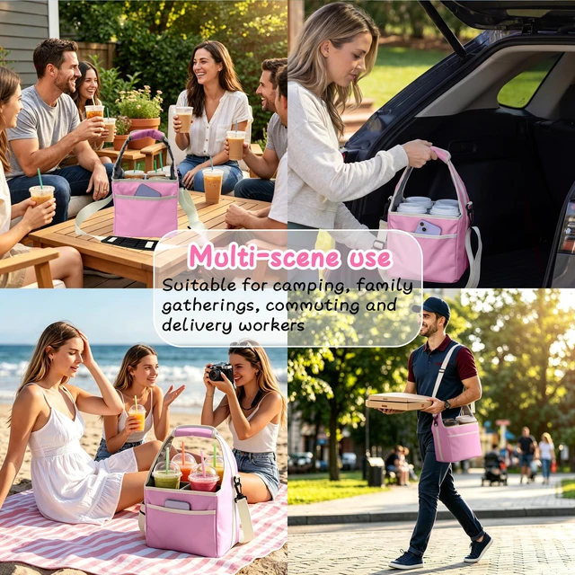 Alt view image 7 of 7 - Reusable Drink Carrier Tote Bag with Handle Family Size 4 Compartment Water Bottle Holder with Adjustable Shoulder Strap & Removable Dividers Multiple Tumbler Caddy for Car,Delivery,Family Outings