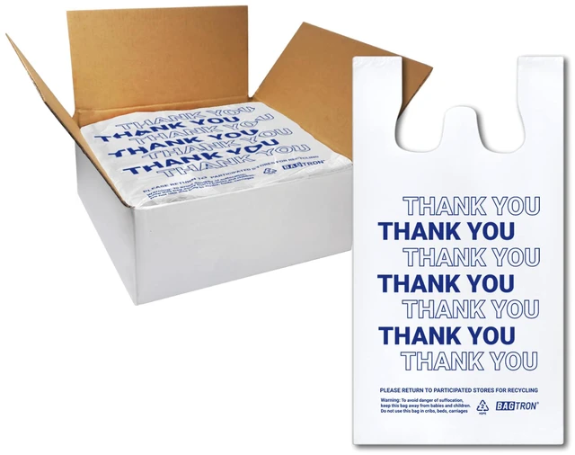 Main image of Thank You T-Shirt Carry-Out Bags, Disposable Plastic Bags with Handles for Shopping and Restaurant, 1/5 Barrel, 0.75 Mils, White/Blue, 13" x 8" x 23" Large, 500 Count