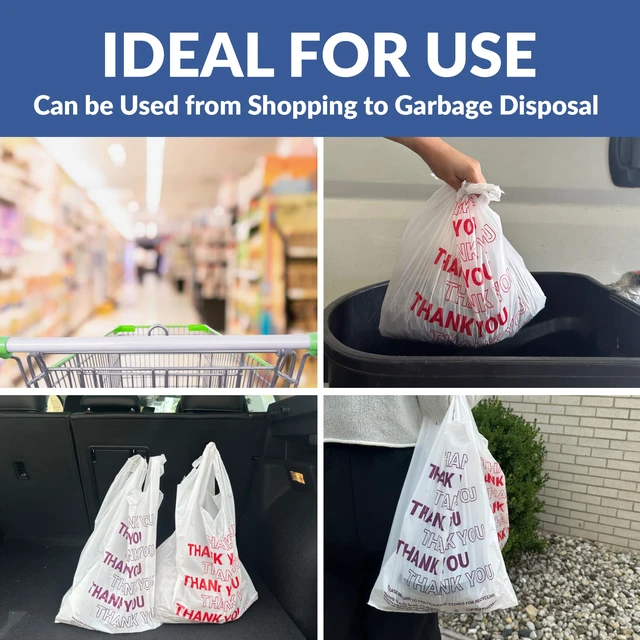 Alt view image 5 of 6 - Thank You T-Shirt Carry-Out Bags, Disposable Plastic Bags with Handles for Shopping and Restaurant, 1/5 Barrel, 0.75 Mils, White/Blue, 13" x 8" x 23" Large, 500 Count