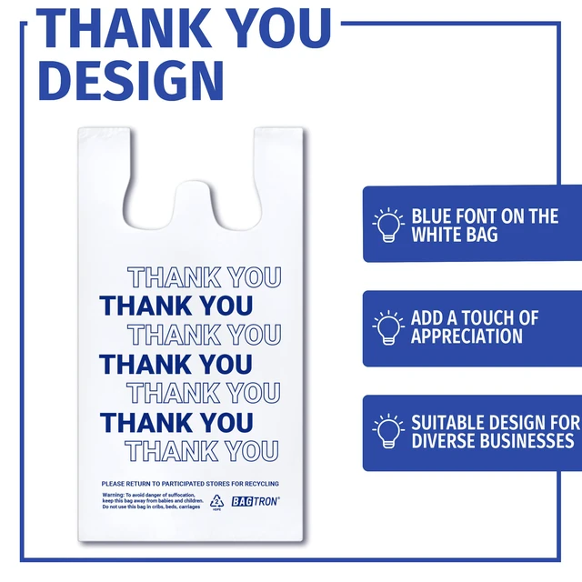 Alt view image 3 of 6 - Thank You T-Shirt Carry-Out Bags, Disposable Plastic Bags with Handles for Shopping and Restaurant, 1/5 Barrel, 0.75 Mils, White/Blue, 13" x 8" x 23" Large, 500 Count