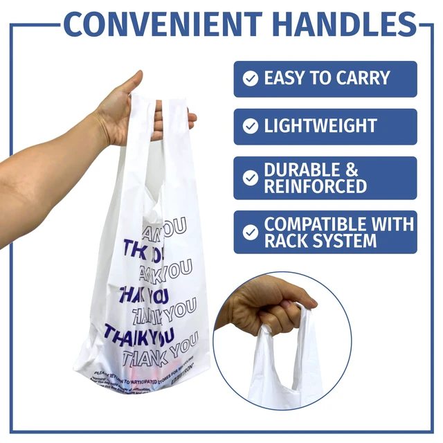 Alt view image 4 of 6 - Thank You T-Shirt Carry-Out Bags, Disposable Plastic Bags with Handles for Shopping and Restaurant, 1/5 Barrel, 0.75 Mils, White/Blue, 13" x 8" x 23" Large, 500 Count