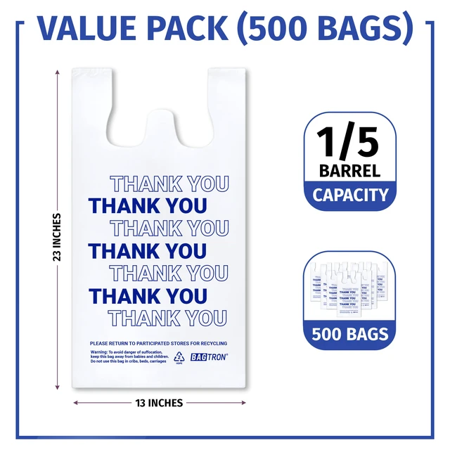 Alt view image 6 of 6 - Thank You T-Shirt Carry-Out Bags, Disposable Plastic Bags with Handles for Shopping and Restaurant, 1/5 Barrel, 0.75 Mils, White/Blue, 13" x 8" x 23" Large, 500 Count
