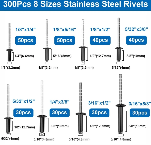 Alt view image 3 of 6 - 1280Pcs Stainless Steel Black Rivets with Pop Rivets with Washer 1/8Inch 5/32Inch 3/16Inch for Metal,Furniture,Automotive,Instrument